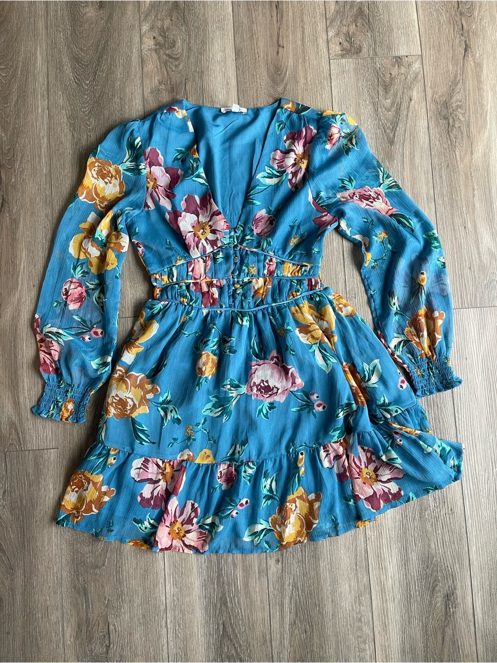 Patrons of Peace Blue Floral V-Neck Tiered Dress